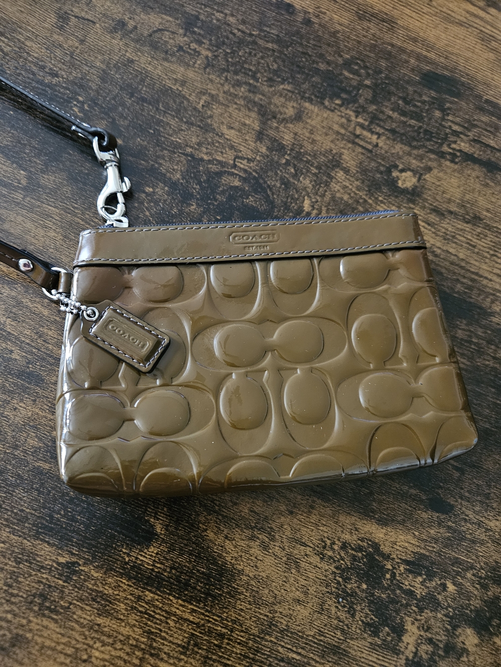 Coach Glossy Signature Patent Wristlet in Caramel Brown